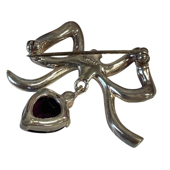 Monet Bow-Shaped Silver Brooch Rhinestones Heart-Shaped Purple Gemstone Pendant - Picture 3 of 4